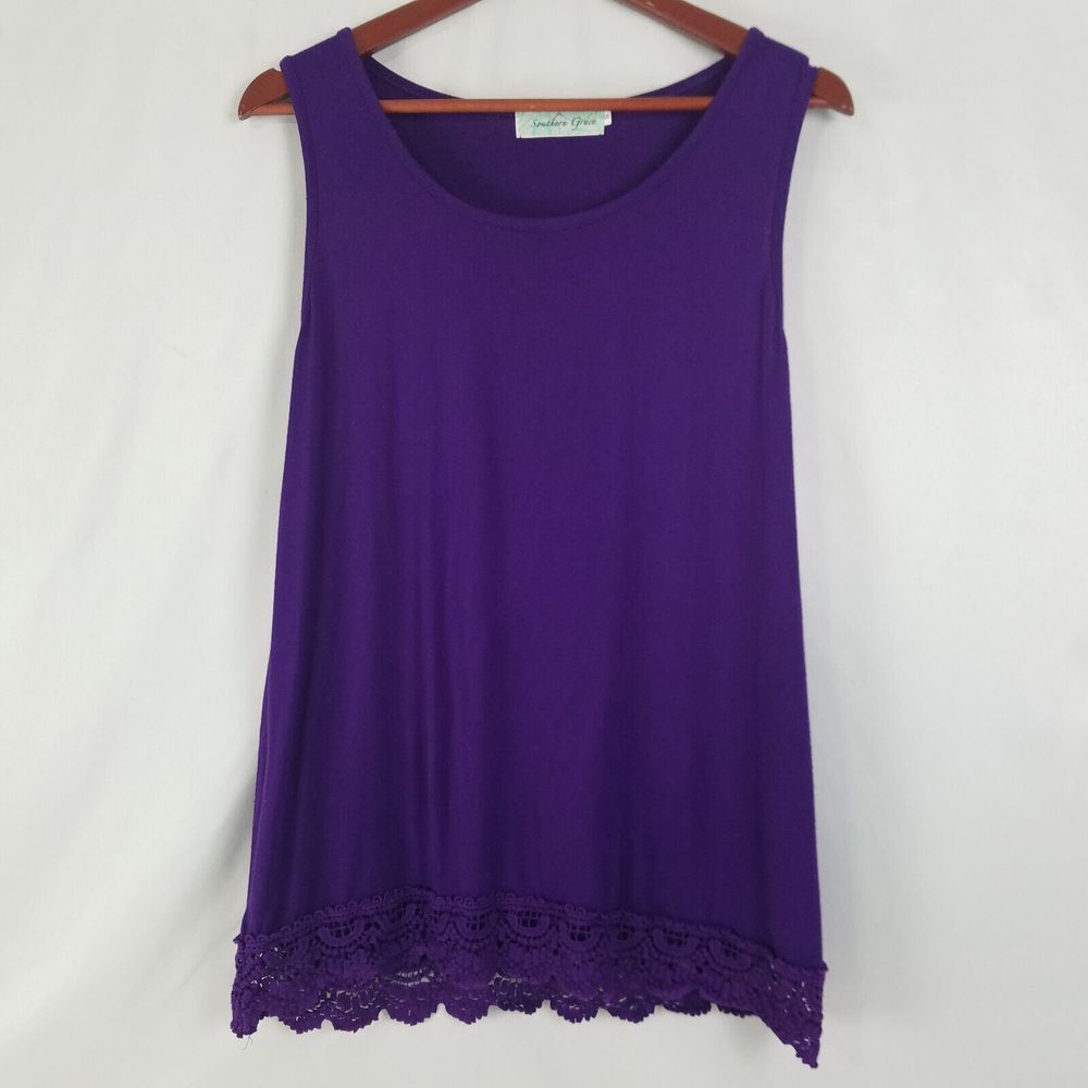 Southern Grace Shirt Womens Small Purple Top Sleeveless Round Neck‎ Lace Hem